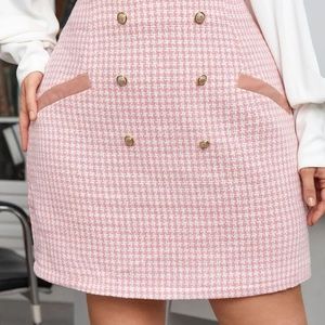 Pink Double Button Plaid Skirt